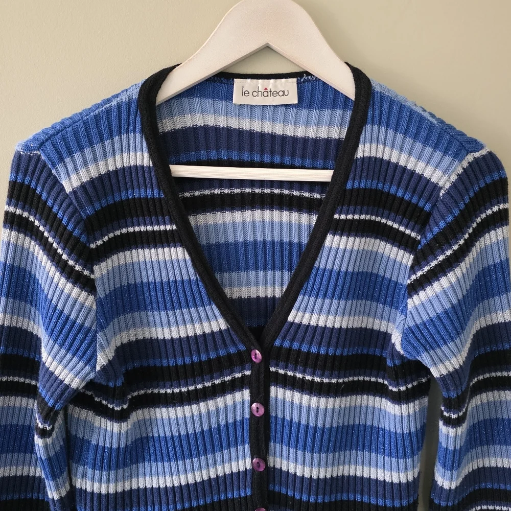 Le Chateau M Vintage Y2K Eclectic Coquette Striped Ribbed Knit Cardigan - Picture 5 of 12